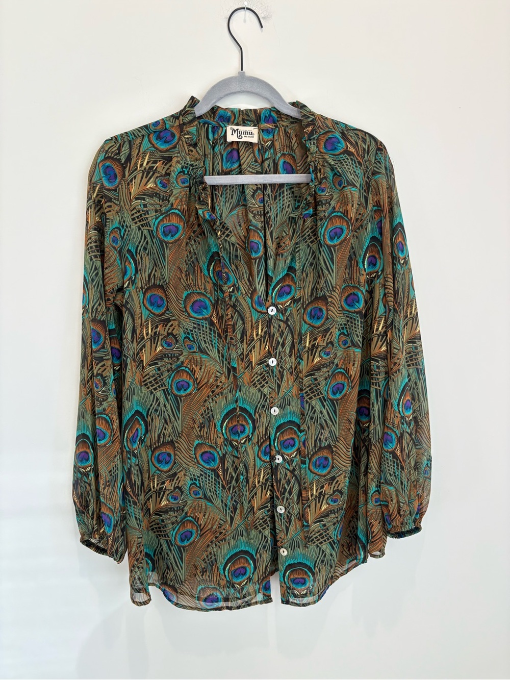 Show Me Your MuMu Peacock-Print Button Down Shirt in Teal and Brown